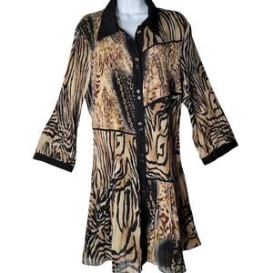 Lindi XL Animal Print Chain Mix Button Down Tunic Top/Dress Sheer Flowy Blouse